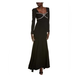 Taylor Black Long-Sleeve Evening Gown with Crystal Trim